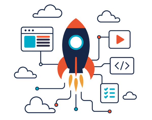 website development and digital icons with rocket launch