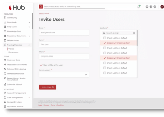 redsail hub customer support portal dashboard screen shot of inviting users